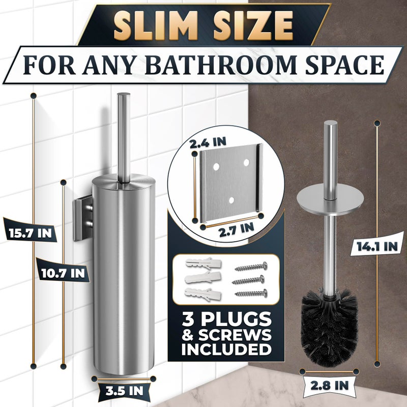 NOVSIX Silver Modern Toilet Brush and Holder Set with Wall Mount - Stainless Steel Toilet Brush with Holder - Removable Inner Bowl  Shiny Design  Splash Protection & Dense Bristles for Bathroom Cleaning - Image 2